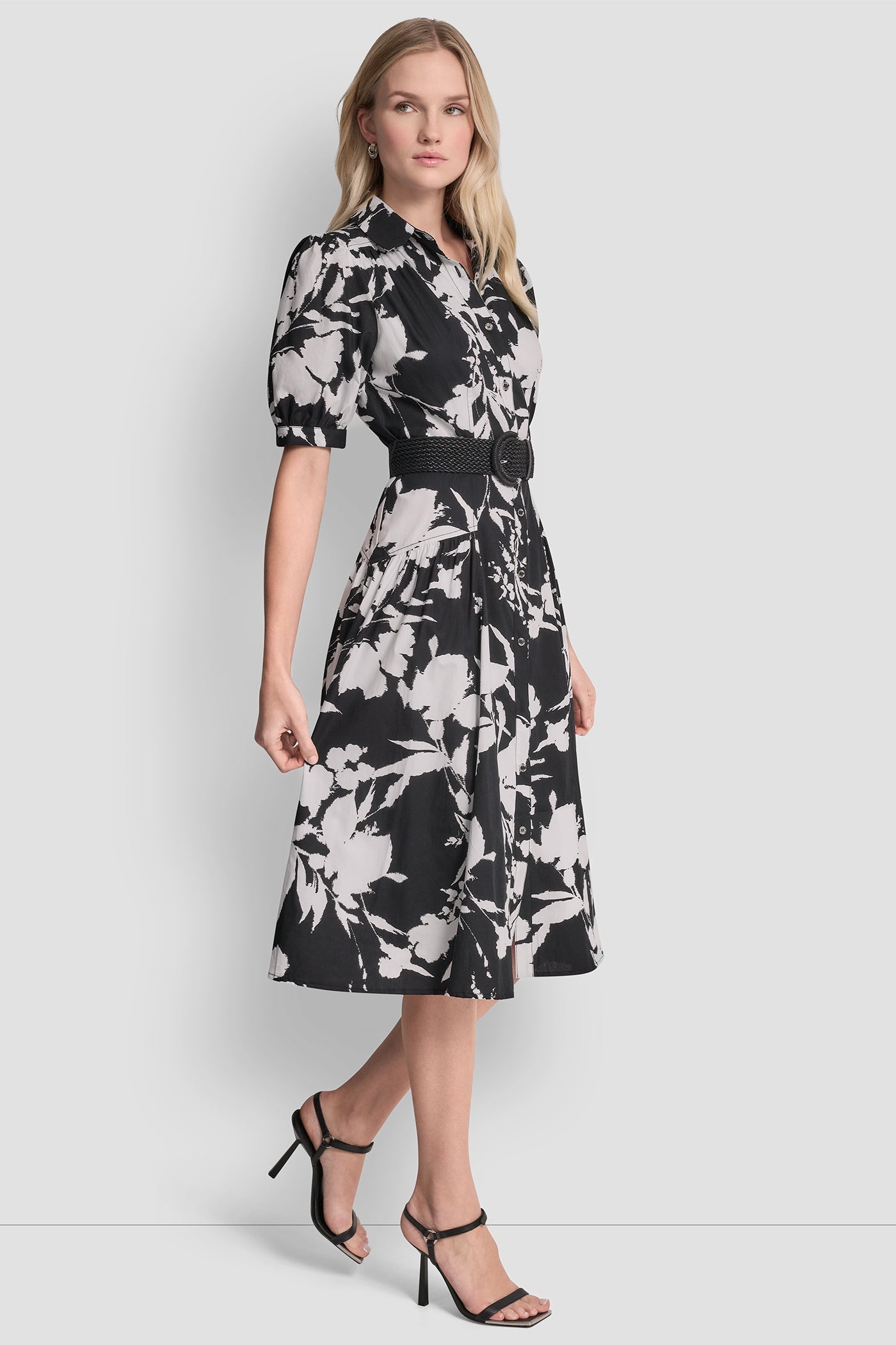 COTTON-POPLIN DROP-WAIST MIDI SHIRT DRESS