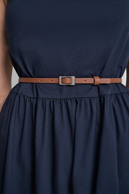 SLEEVELESS GATHERED MIDI A-LINE DRESS