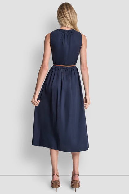 SLEEVELESS GATHERED MIDI A-LINE DRESS