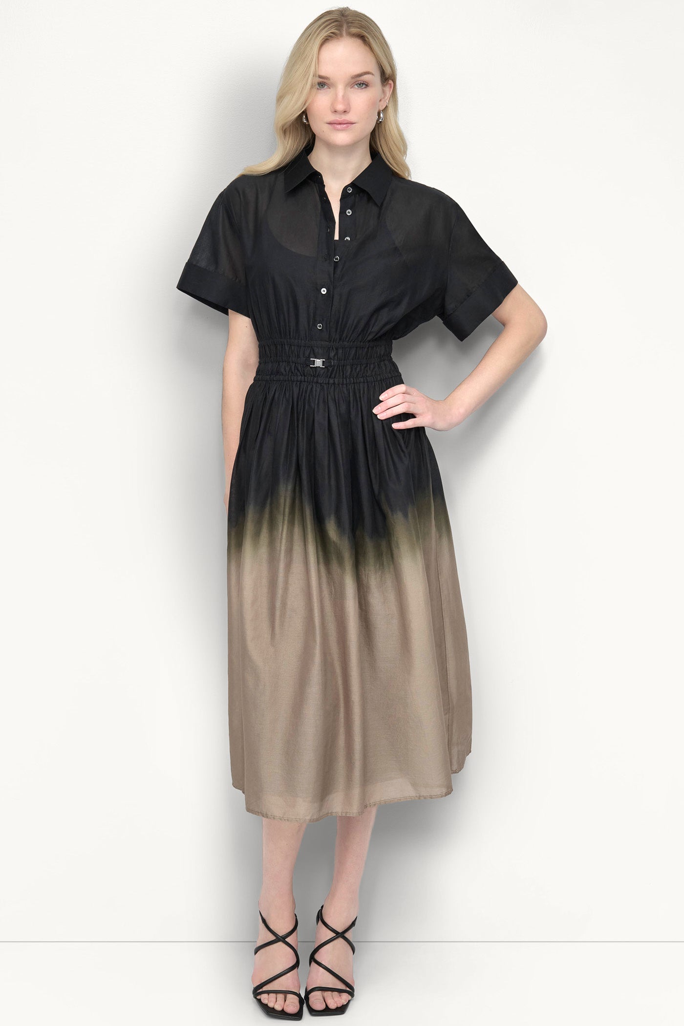 COTTON SHORT SLEEVE OMBRÉ MIDI SHIRT DRESS