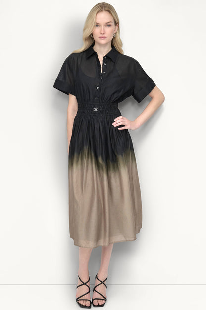 COTTON SHORT SLEEVE OMBRÉ MIDI SHIRT DRESS