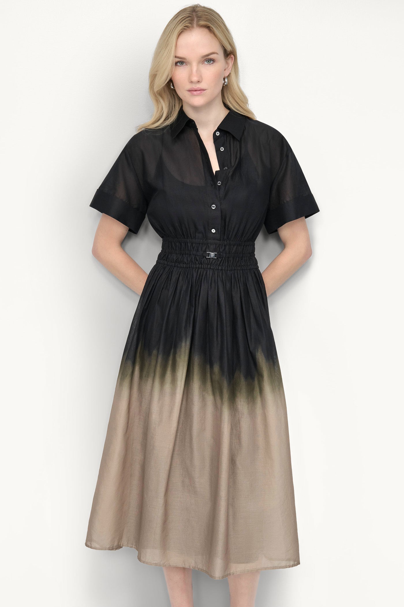 COTTON SHORT SLEEVE OMBRÉ MIDI SHIRT DRESS