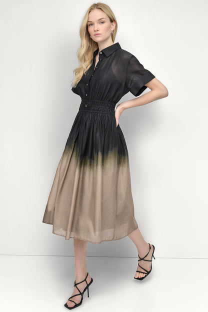 COTTON SHORT SLEEVE OMBRÉ MIDI SHIRT DRESS