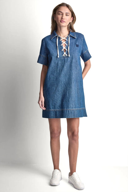LACE UP DENIM SHIFT DRESS