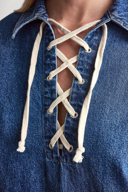 LACE UP DENIM SHIFT DRESS