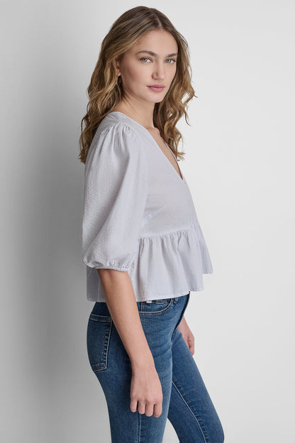 PUFF SLEEVE V-NECK SHIRT