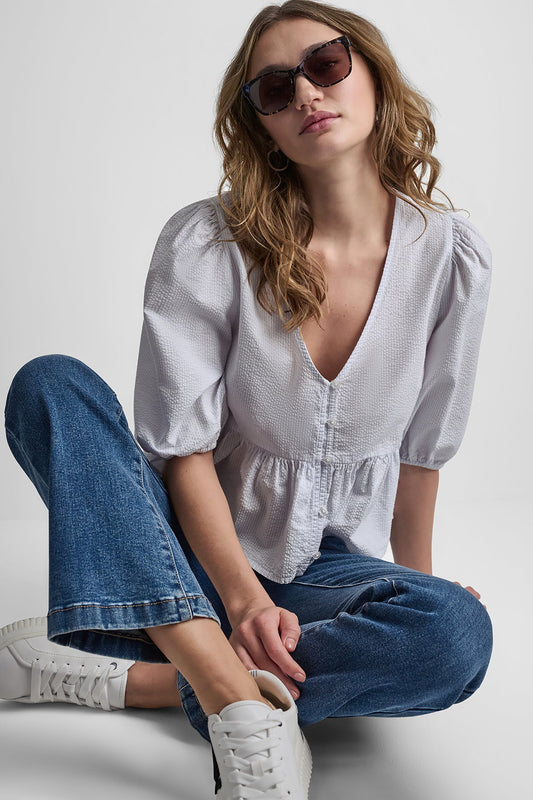 PUFF SLEEVE V-NECK SHIRT