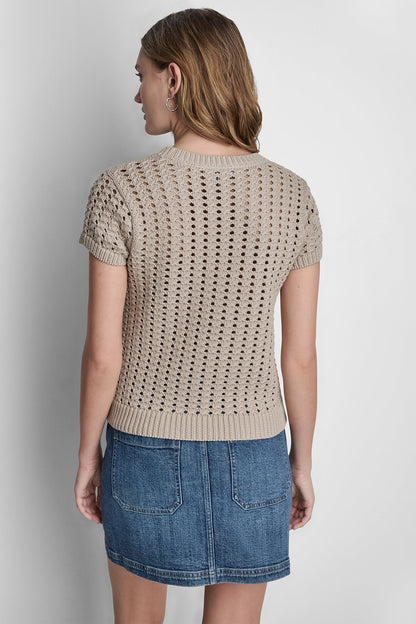 CHUNKY POINTELLE SHORT SLEEVE SWEATER