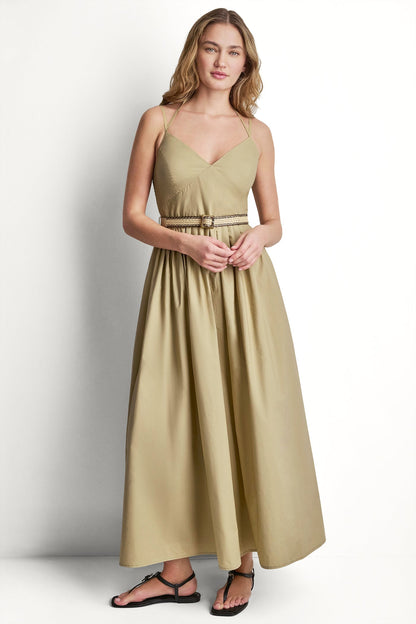 STRAPPY V-NECK MAXI DRESS WITH RAFFIA BELT