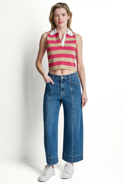 STRIPED SLEVELESS POLO SWEATER