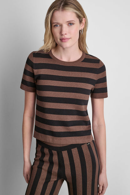 SHORT SLEEVE STRIPE SWEATER