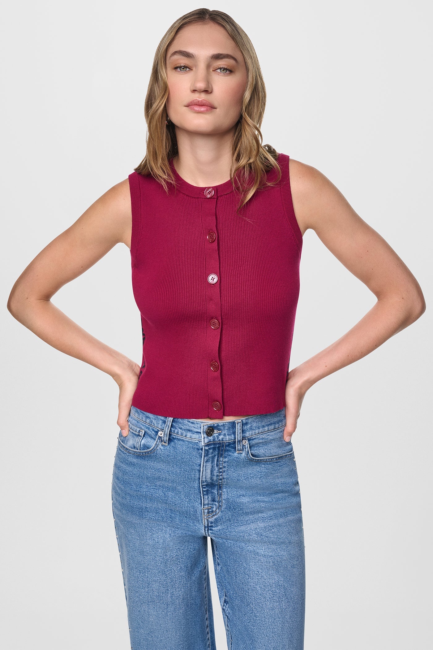 CROPPED SLEEVELESS LOGO TRIM SWEATER