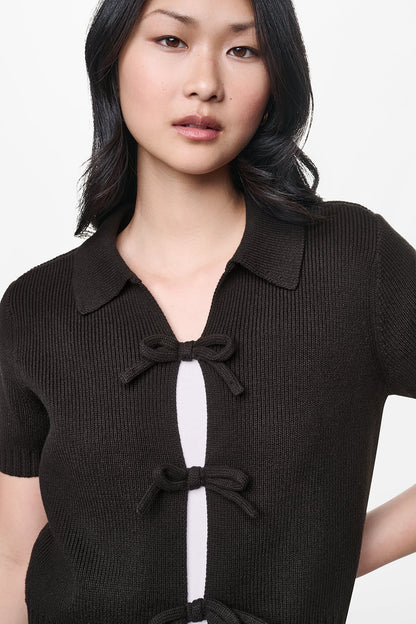 SHORT SLEEVE TIE FRONT POLO SWEATER