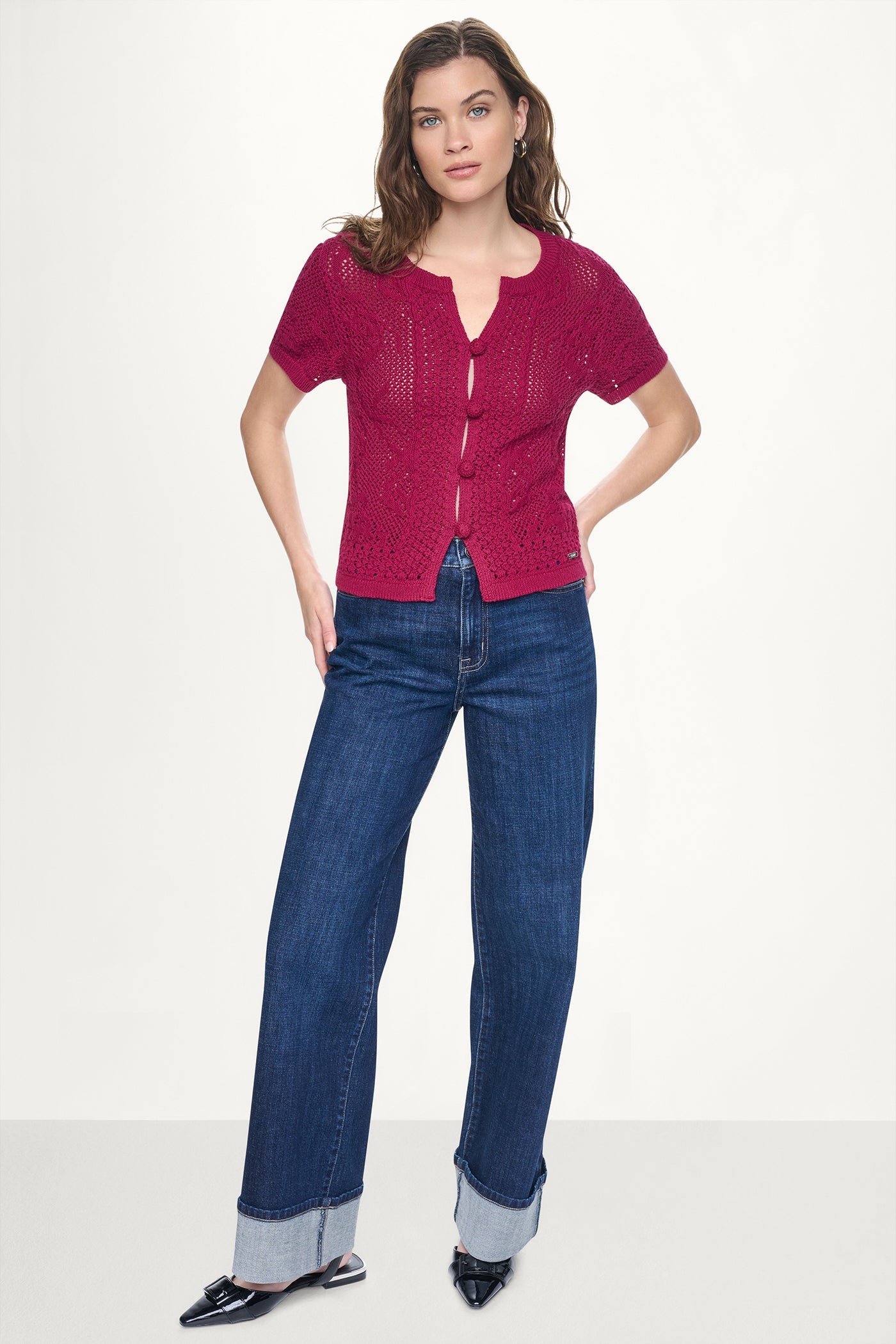 LACE STITCH BUTTON FRONT CARDIGAN