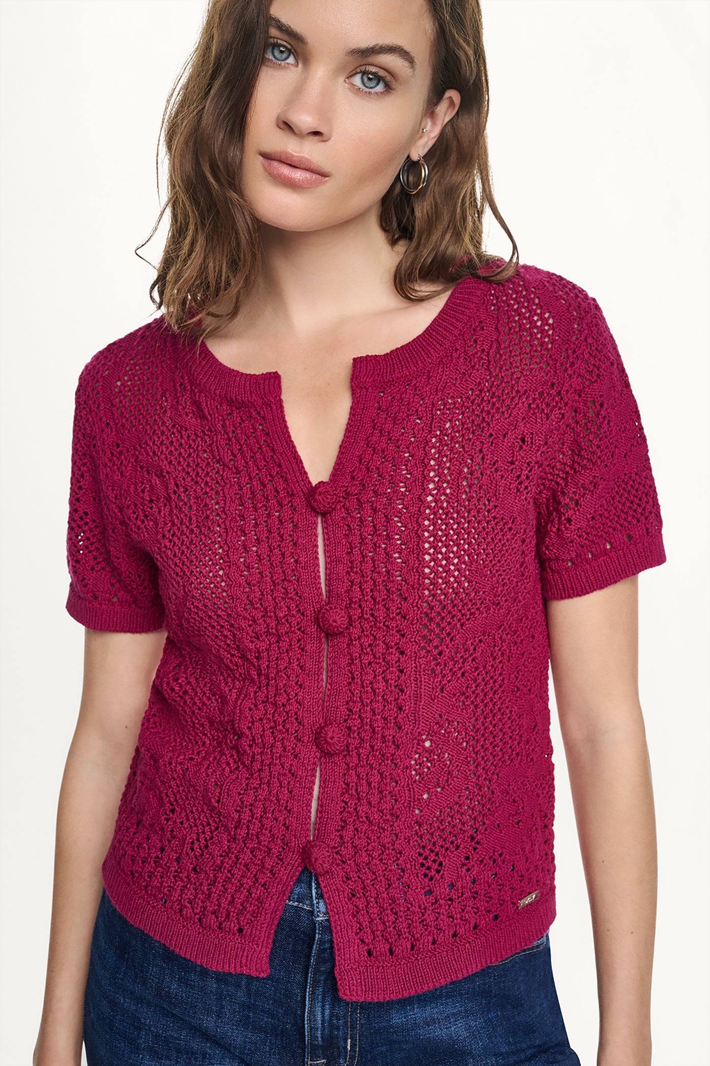 LACE STITCH BUTTON FRONT CARDIGAN