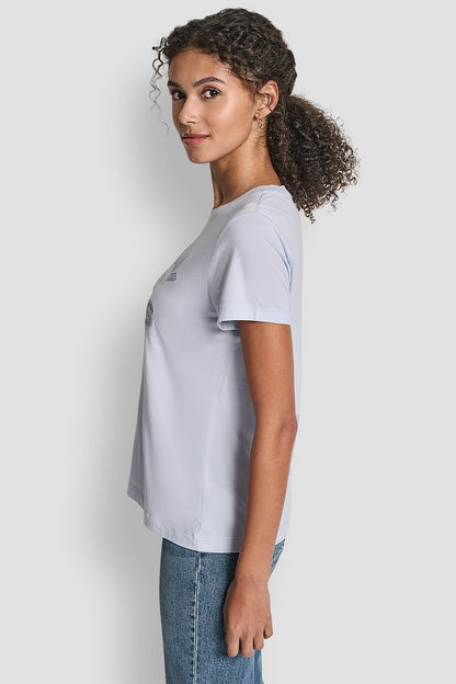 DKNY JEANS SATIN APPLIQUE CHAINSTITCH LOGO CREW NECK TEE