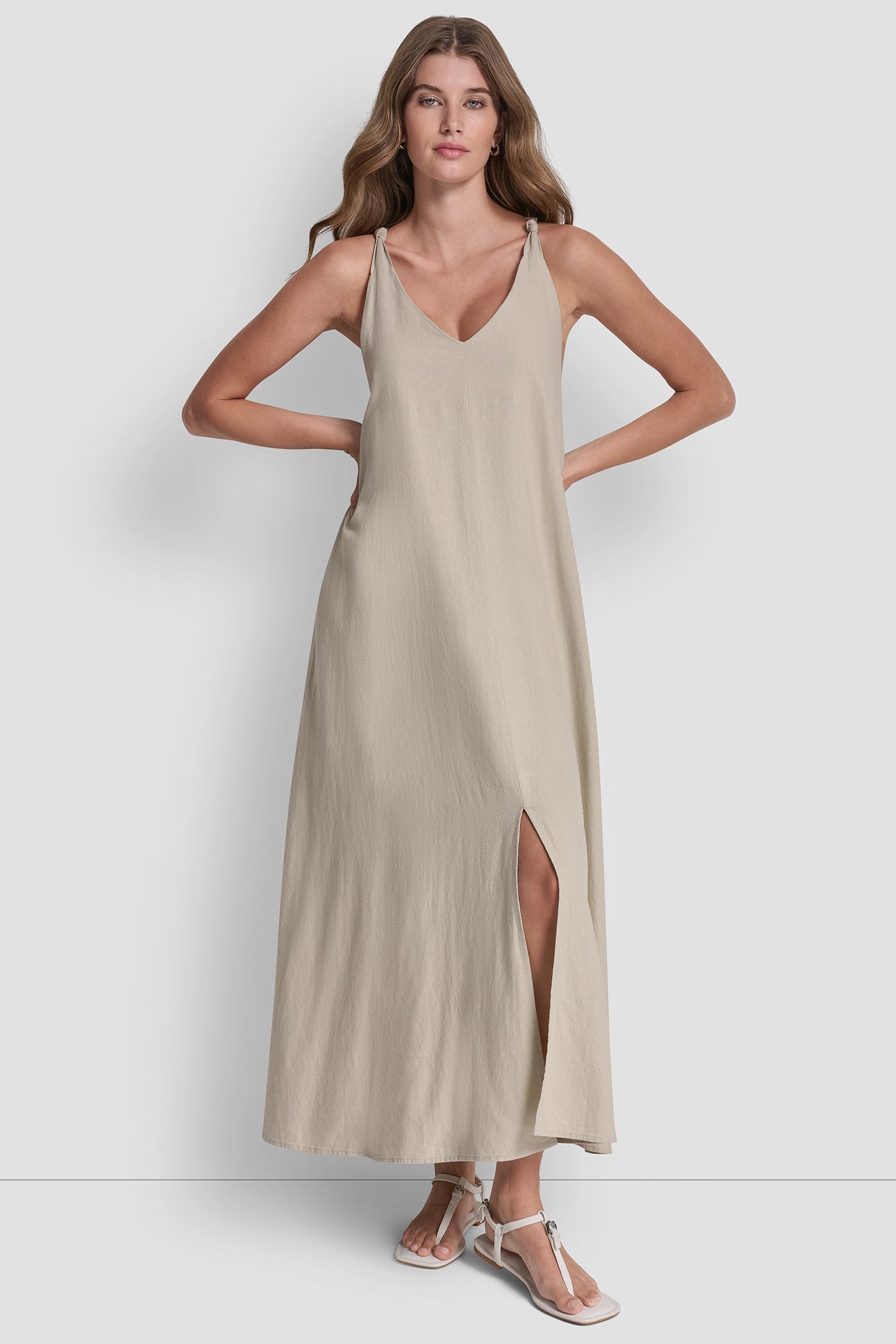 LINEN-BLEND TIE BACK MAXI DRESS