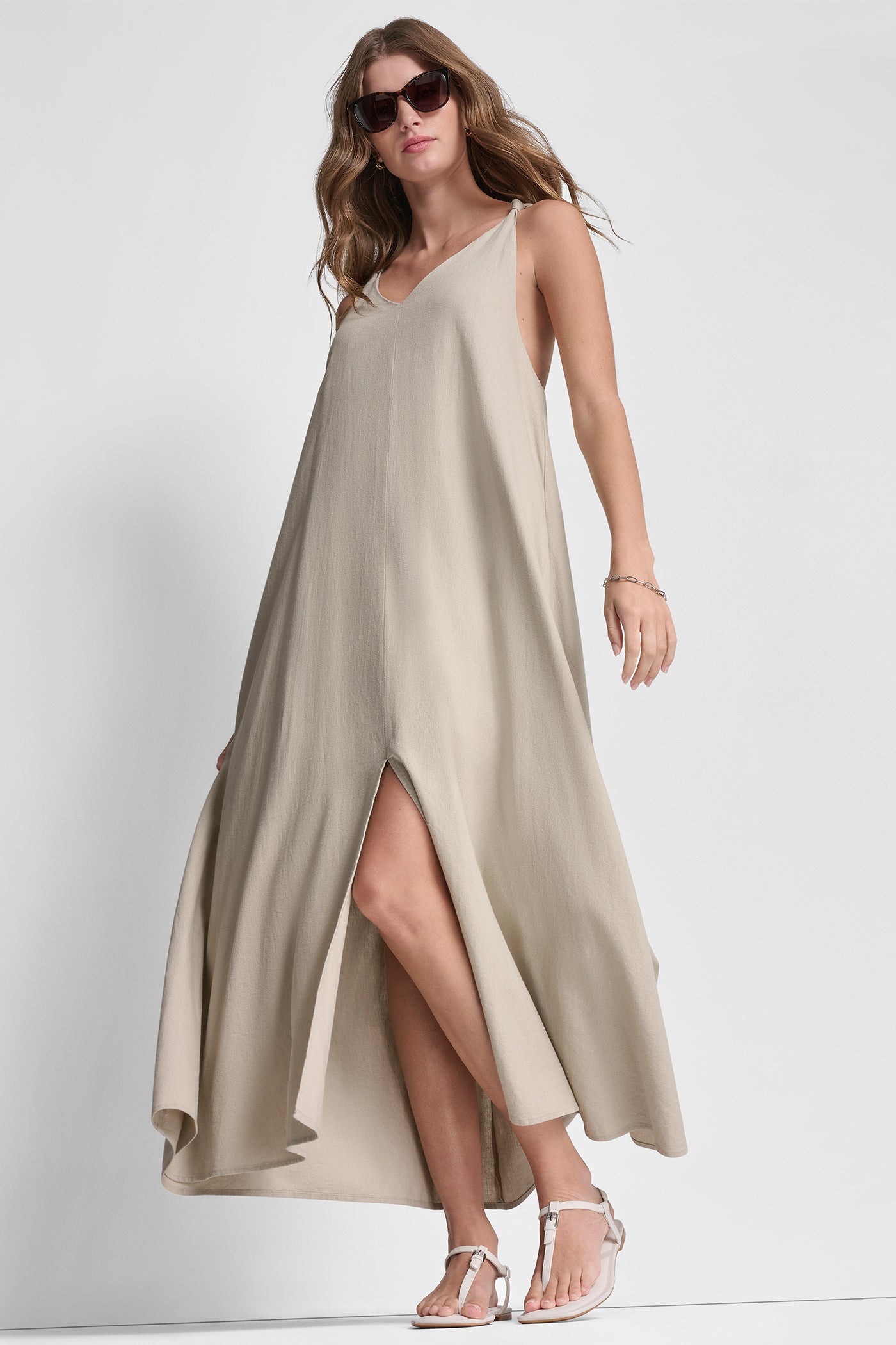 LINEN-BLEND TIE BACK MAXI DRESS