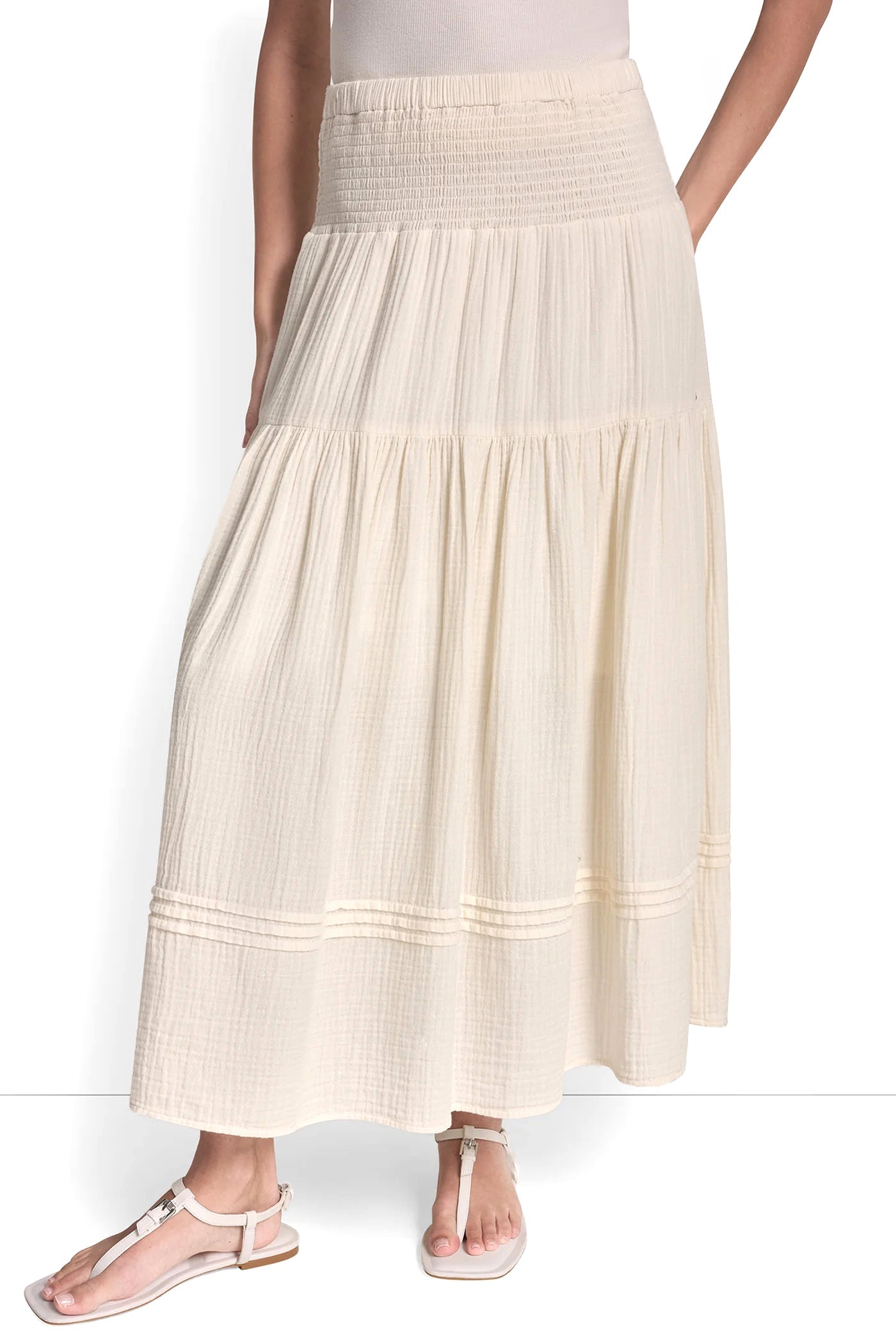 SMOCKED WAIST MAXI TIERED SKIRT
