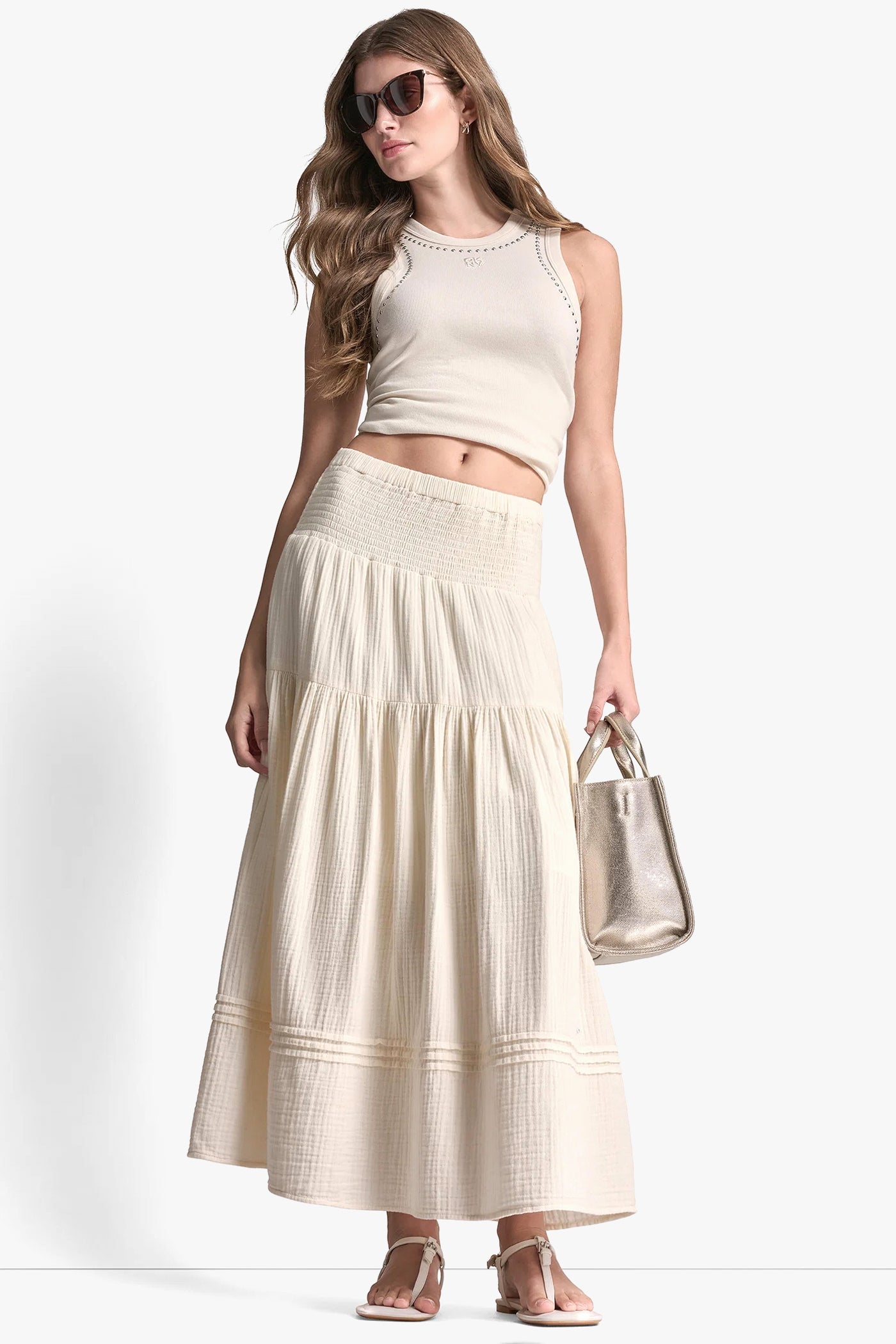 SMOCKED WAIST MAXI TIERED SKIRT