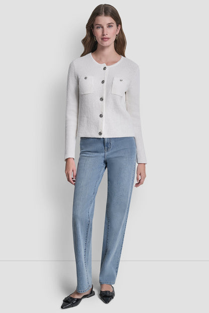 TUCK STITCH CREW NECK CARDIGAN