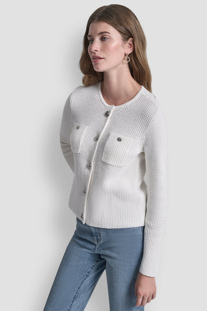 TUCK STITCH CREW NECK CARDIGAN