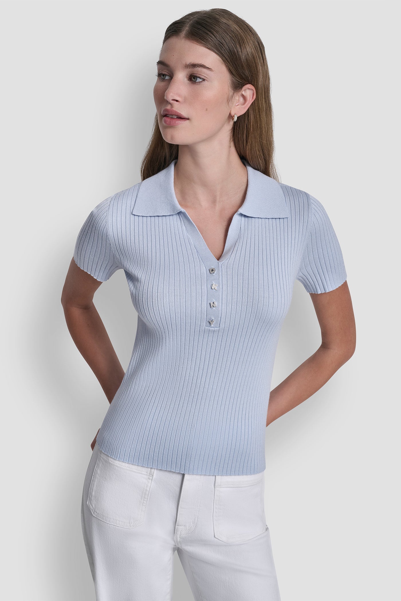 RIBBED POLO WITH RHINESTONE BUTTONS