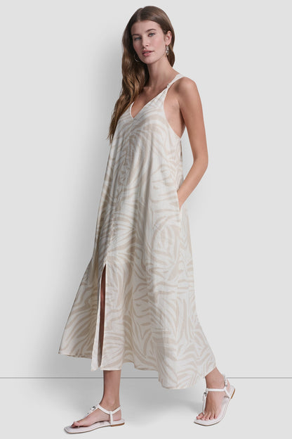 LINEN-BLEND TIE BACK MAXI DRESS