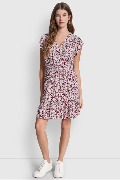 SMOCKED WAIST V-NECK DRESS