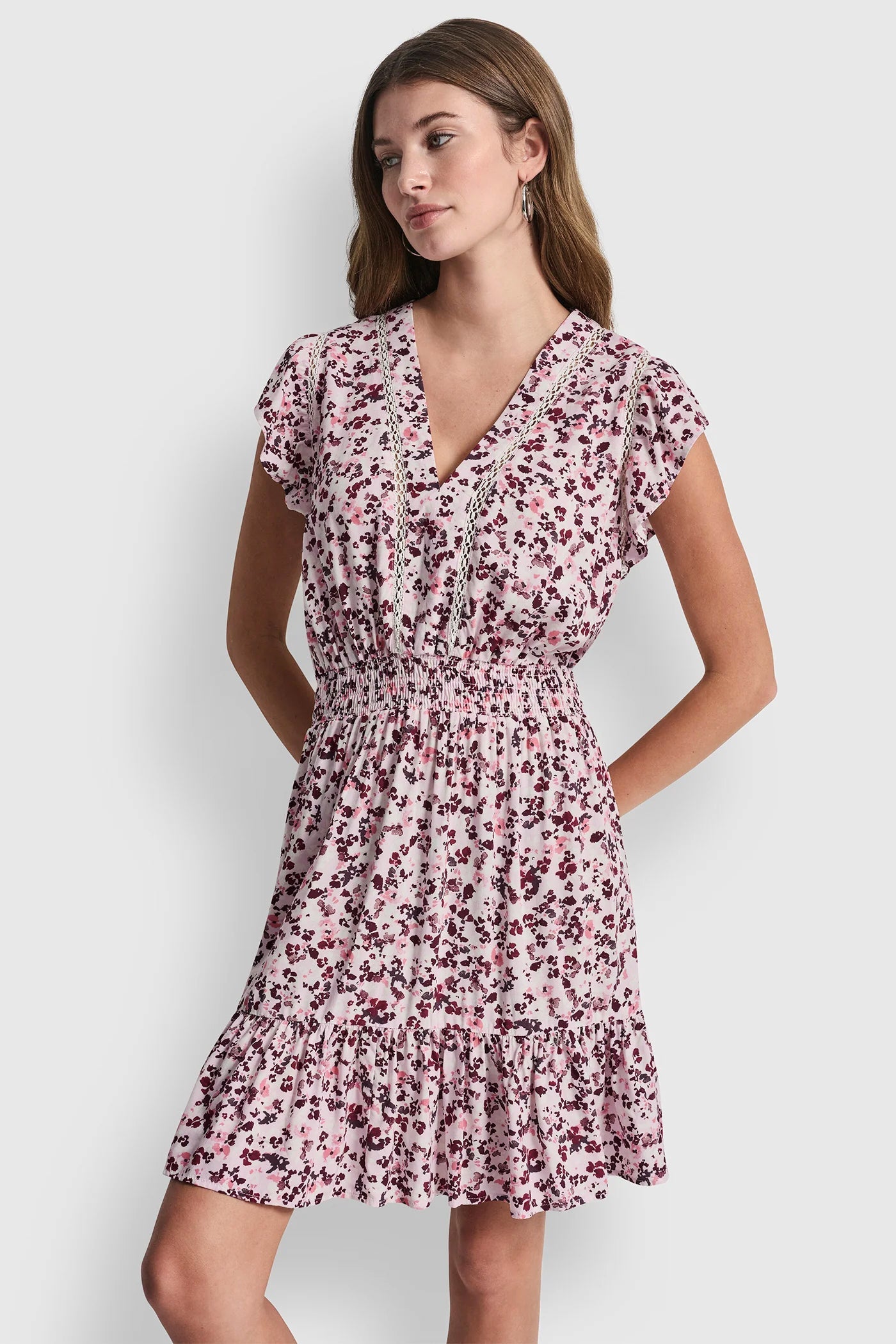SMOCKED WAIST V-NECK DRESS