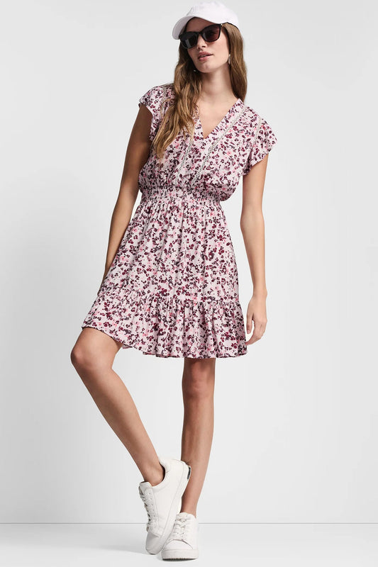 SMOCKED WAIST V-NECK DRESS
