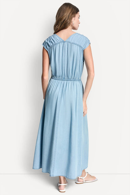 RUCHED V-NECK DRESS WITH TIE WAIST