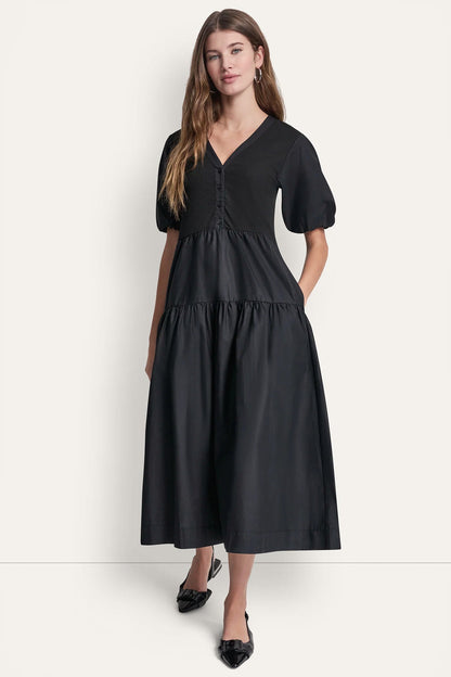 RIB HENLEY MIDI DRESS WITH PUFF SLEEVES