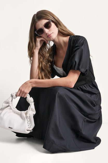 RIB HENLEY MIDI DRESS WITH PUFF SLEEVES