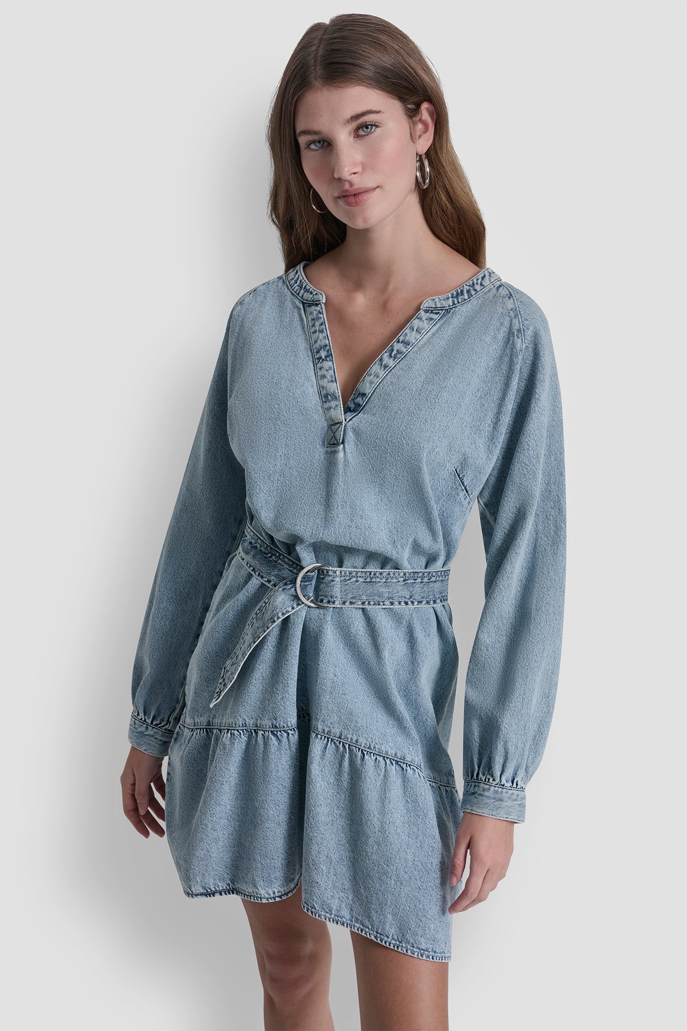 BELTED DENIM V-NECK DRESS