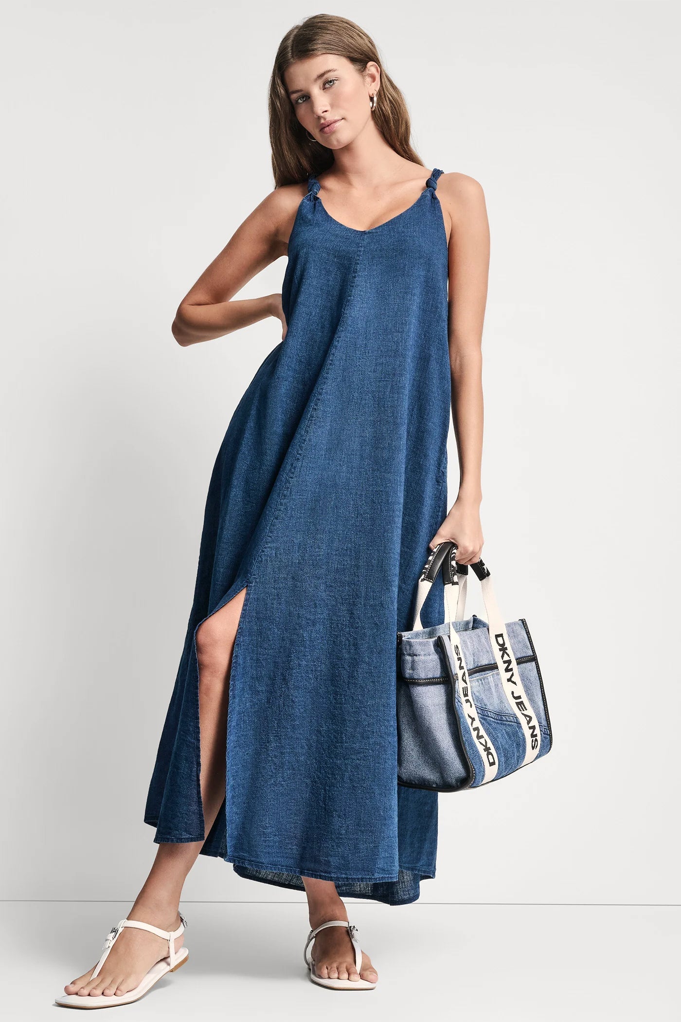 KNOTTED STRAP V-NECK MAXI DRESS