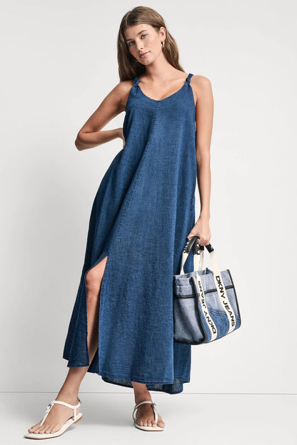 KNOTTED STRAP V-NECK MAXI DRESS