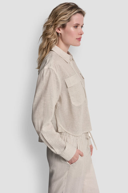 LINEN-BLEND BUTTON FRONT SHIRT