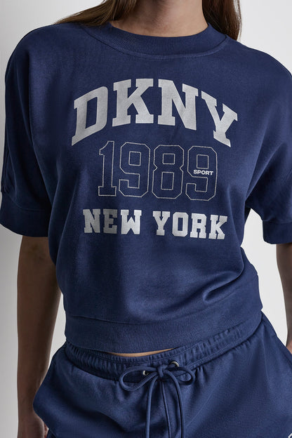 COTTON-BLEND TERRY SHORT SLEEVE LOGO HIGH-LOW TEE