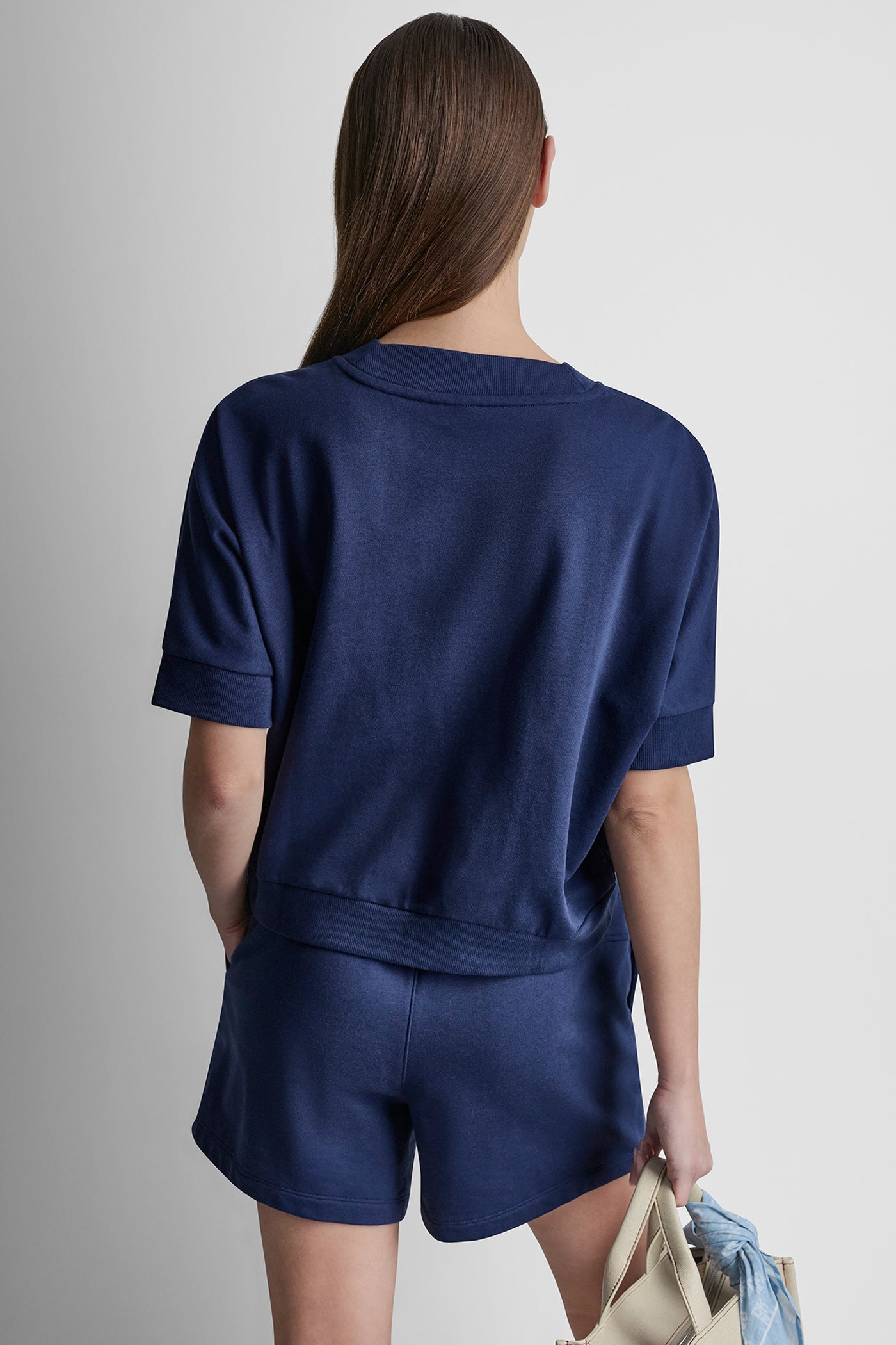 COTTON-BLEND TERRY SHORT SLEEVE LOGO HIGH-LOW TEE