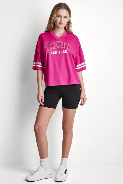 RHINESTONE VARSITY LOGO V-NECK JERSEY