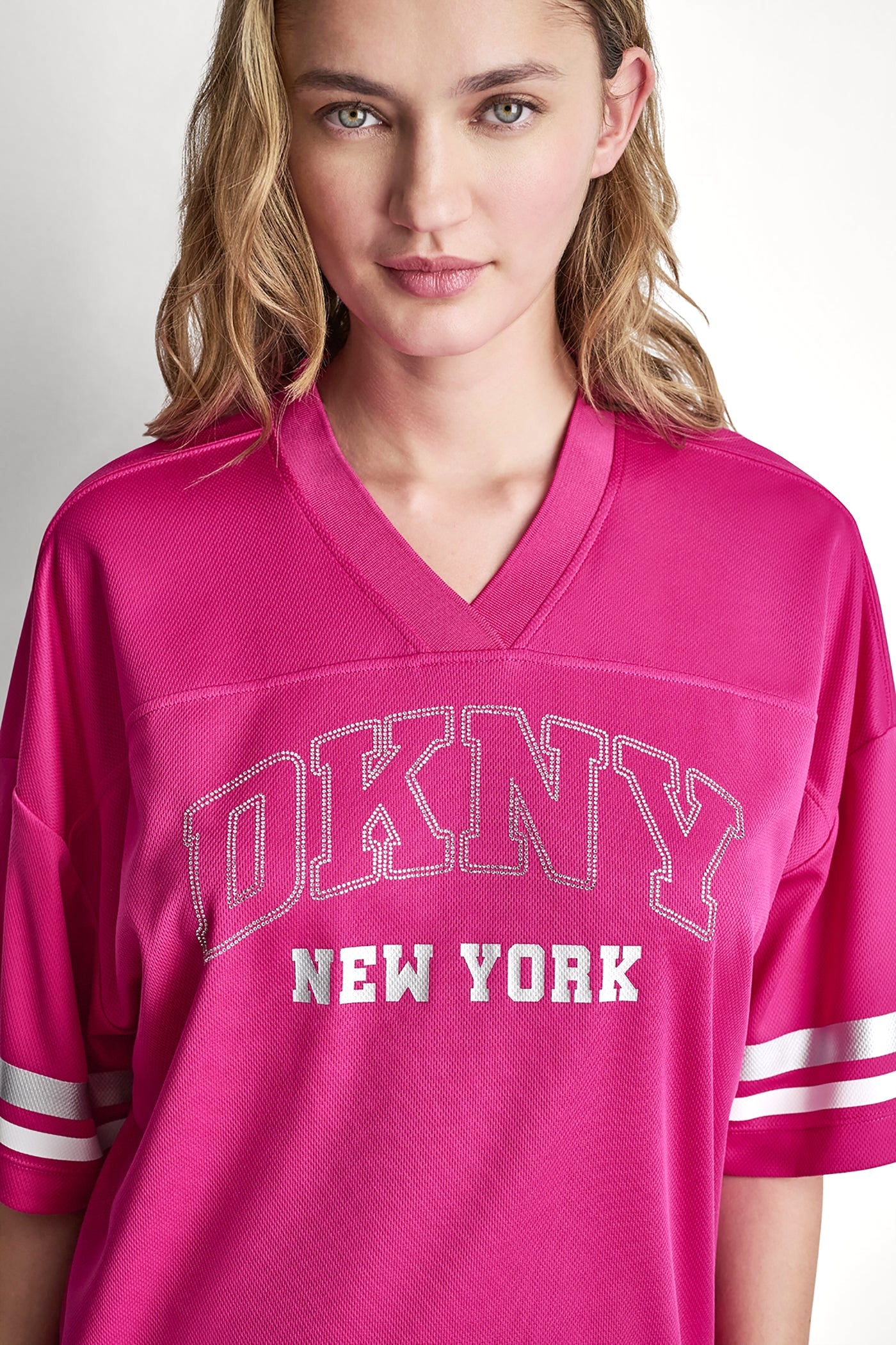 RHINESTONE VARSITY LOGO V-NECK JERSEY