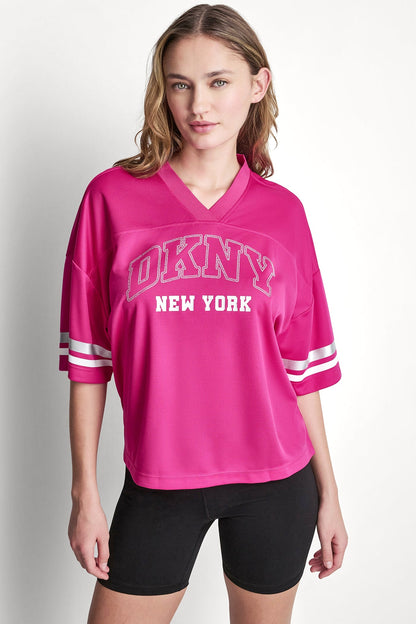RHINESTONE VARSITY LOGO V-NECK JERSEY