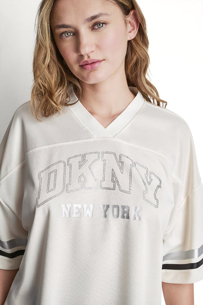 RHINESTONE VARSITY LOGO V-NECK JERSEY