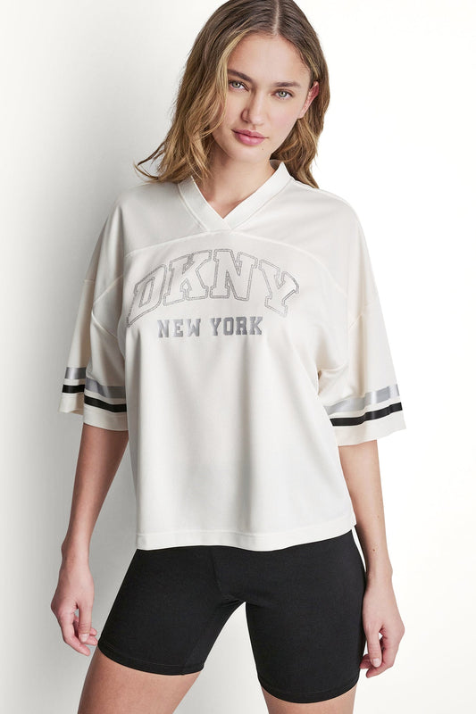 RHINESTONE VARSITY LOGO V-NECK JERSEY