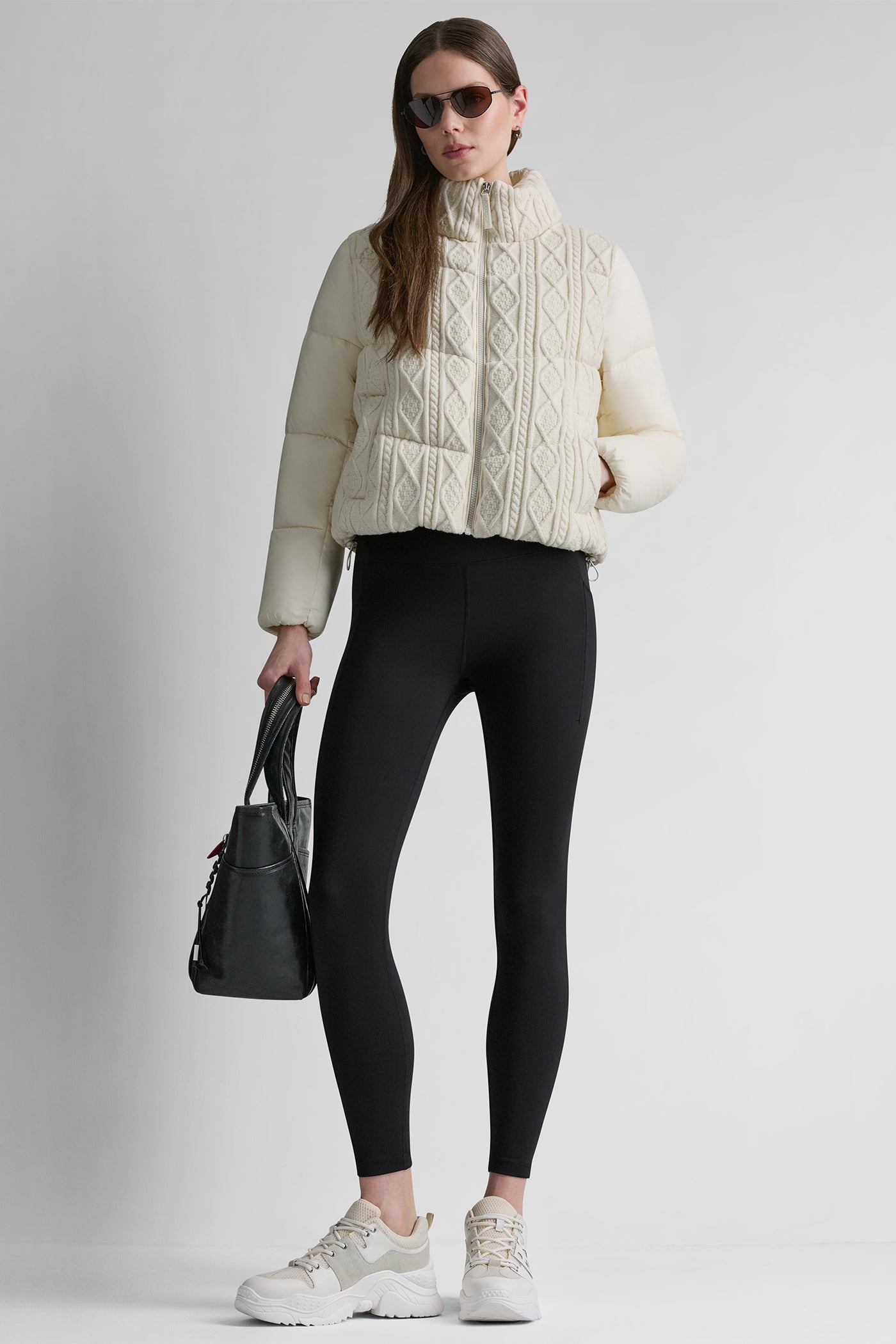 CABLE KNIT MOCK NECK PUFFER JACKET
