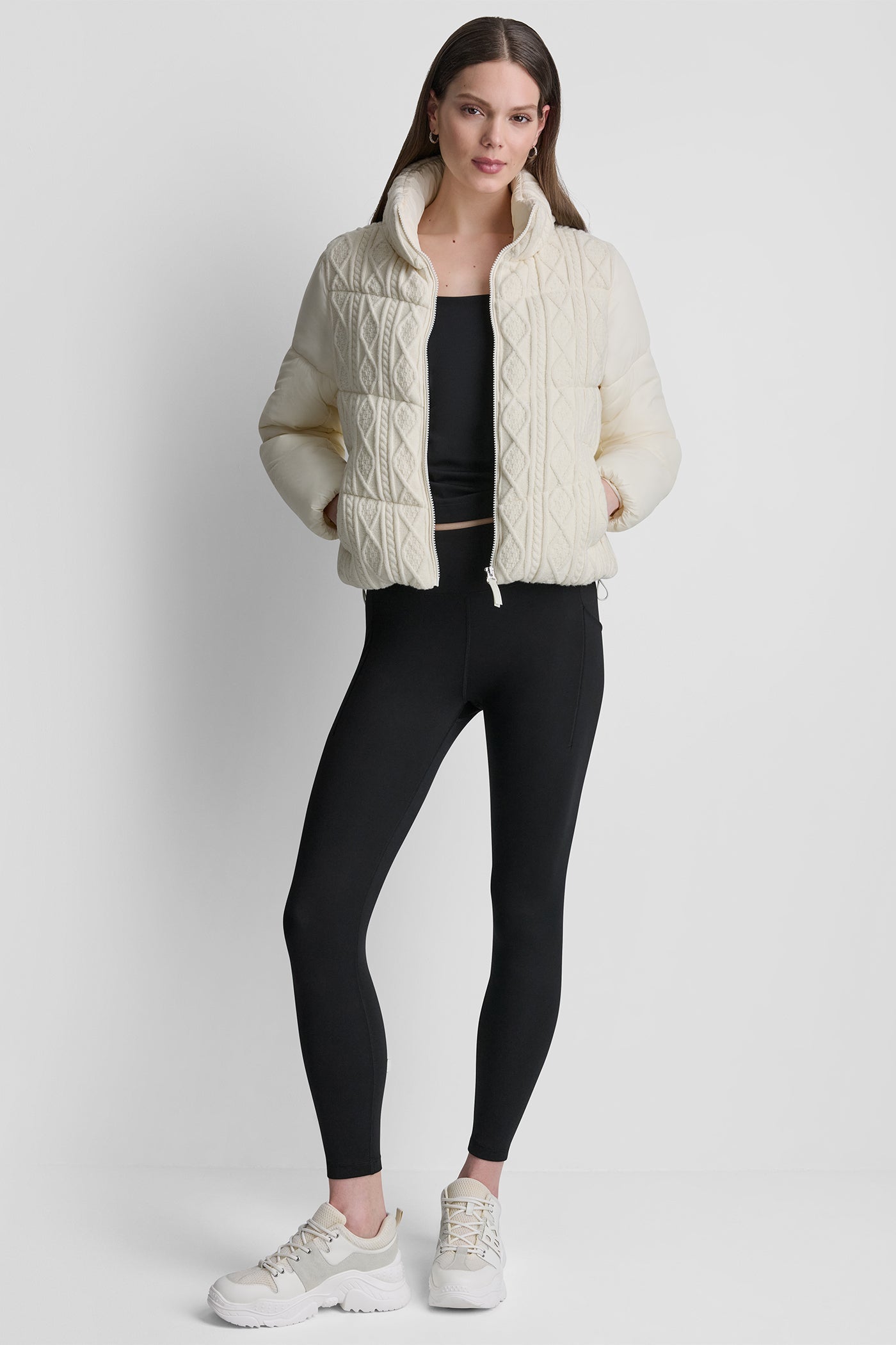 CABLE KNIT MOCK NECK PUFFER JACKET
