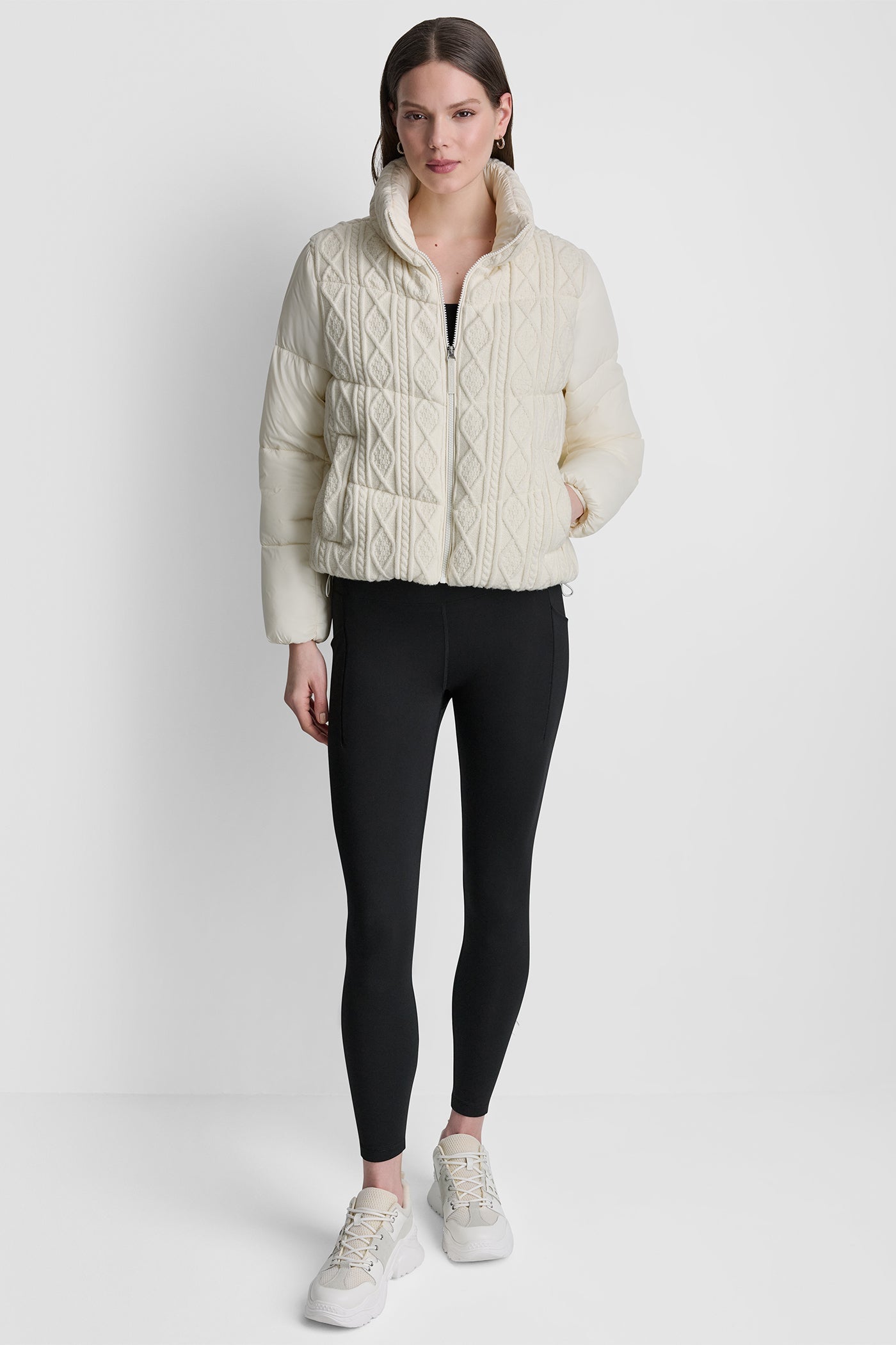 CABLE KNIT MOCK NECK PUFFER JACKET
