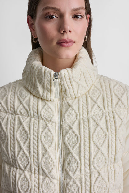 CABLE KNIT MOCK NECK PUFFER JACKET