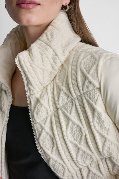 CABLE KNIT MOCK NECK PUFFER JACKET